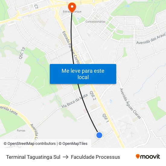 Terminal Taguatinga Sul to Faculdade Processus map