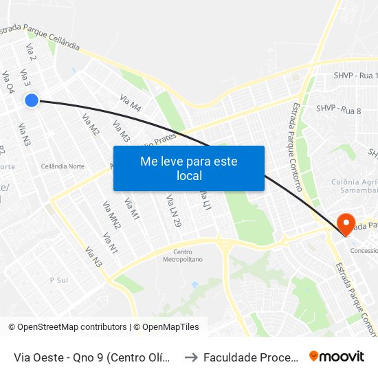 Via Oeste - Qno 9 (Centro Olímpico) to Faculdade Processus map