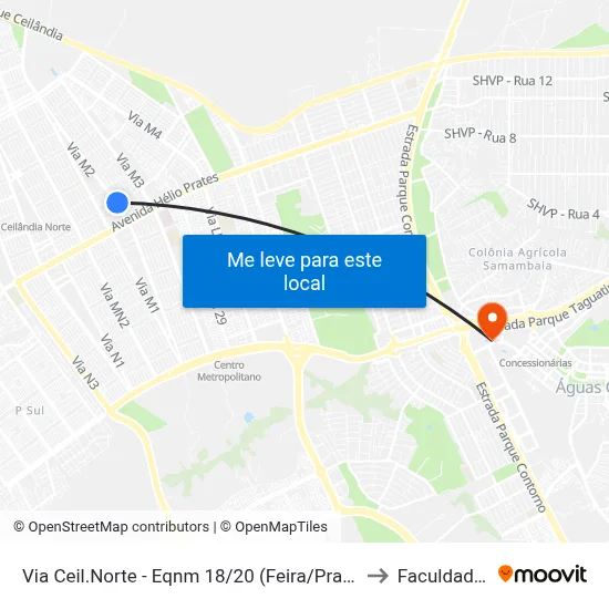 Via Ceil.Norte - Eqnm 18/20 (Feira/Praça Do Cidadão/Farmácia De Alto Custo) to Faculdade Processus map