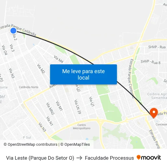 Via Leste (Parque Do Setor O) to Faculdade Processus map