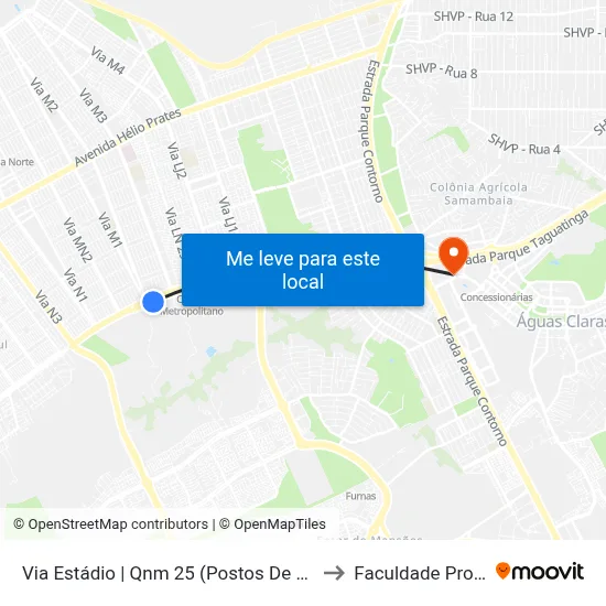 Via Estádio | Qnm 25 (Postos De Combustíveis) to Faculdade Processus map