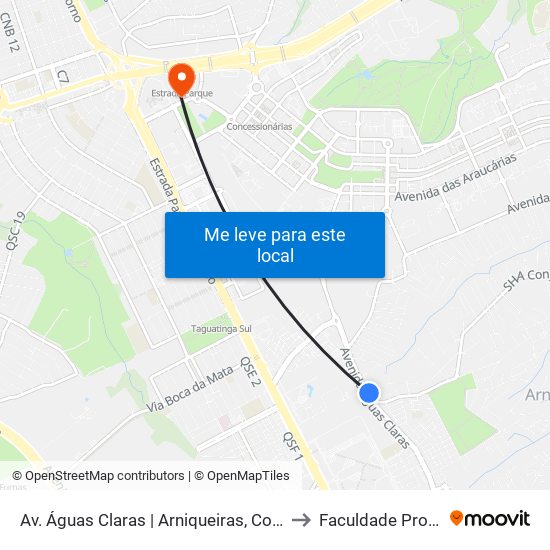 Av. Águas Claras | Arniqueiras, Conj. 6, Ch. 423 to Faculdade Processus map