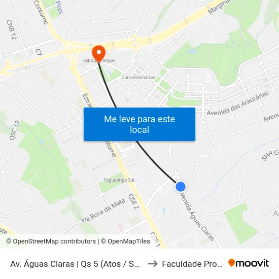 Av. Águas Claras | Qs 5 (Atos / Super Sacolão) to Faculdade Processus map