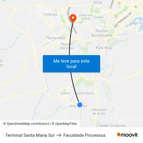 Terminal Santa Maria Sul to Faculdade Processus map
