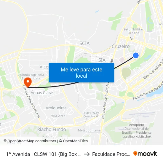 1ª Avenida | CLSW 101 (Big Box) to Faculdade Processus map