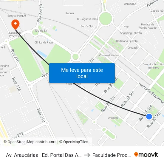 Av. Araucárias | Ed. Portal Das Araucárias to Faculdade Processus map