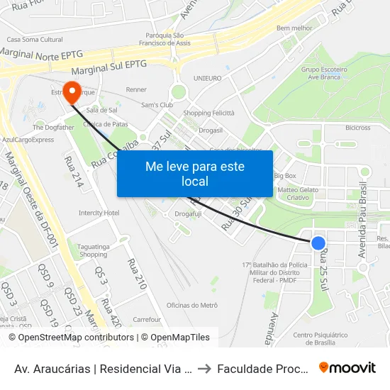 Av. Araucárias | Residencial Via Azaleas to Faculdade Processus map