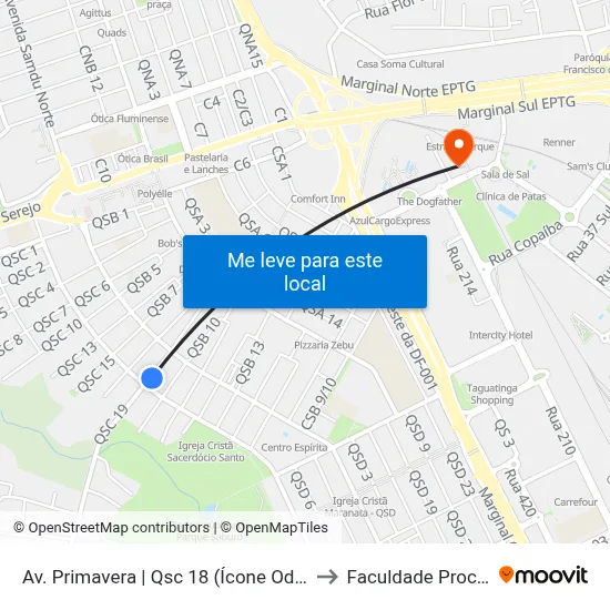 Av. Primavera | Qsc 18 (Ícone Odontologia) to Faculdade Processus map