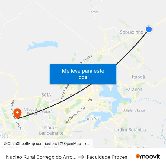 Núcleo Rural Corrego do Arrozal to Faculdade Processus map