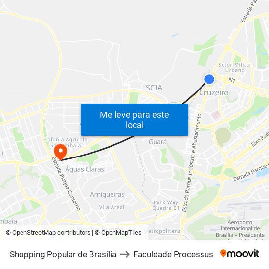 Shopping Popular de Brasília to Faculdade Processus map