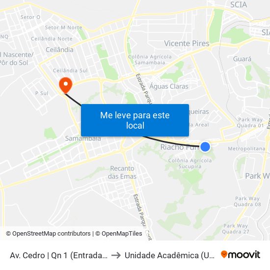 Av. Cedro | Qn 1 (Entrada Do Kanegae) to Unidade Acadêmica (Uac) - Fce / Unb map