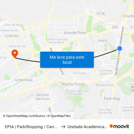 Epia Sul | Parkshopping (Linhas Do Entorno) to Unidade Acadêmica (Uac) - Fce / Unb map