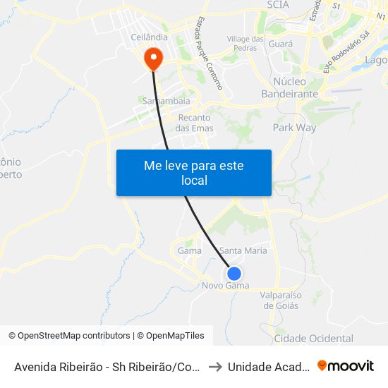 Avenida Ribeirão - Sh Ribeirão/Cond Porto Rico Fase 3 Q 4 (Supermercado Brasil) to Unidade Acadêmica (Uac) - Fce / Unb map
