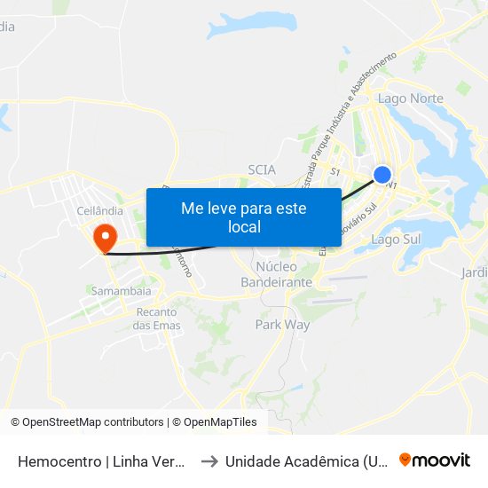 Hemocentro | Linha Vermelha Gratuita to Unidade Acadêmica (Uac) - Fce / Unb map