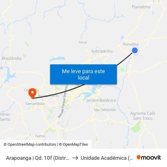 Arapoanga | Qd. 10f (Distribuidora Alencar) to Unidade Acadêmica (Uac) - Fce / Unb map