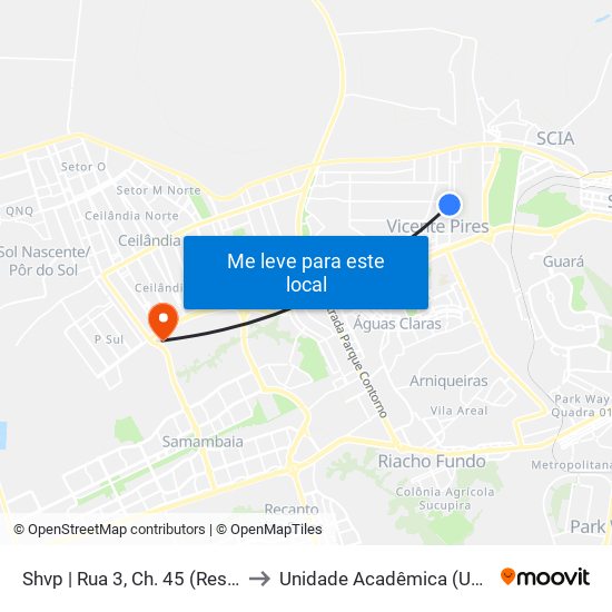 Shvp | Rua 3, Ch. 45 (Resd. Palmares) to Unidade Acadêmica (Uac) - Fce / Unb map