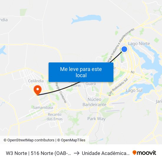 W3 Norte | 516 Norte (OAB-DF / CADE / SEBRAE) to Unidade Acadêmica (Uac) - Fce / Unb map