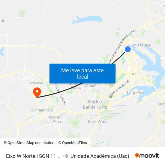 Eixo W Norte | SQN 116 (SHLN) to Unidade Acadêmica (Uac) - Fce / Unb map