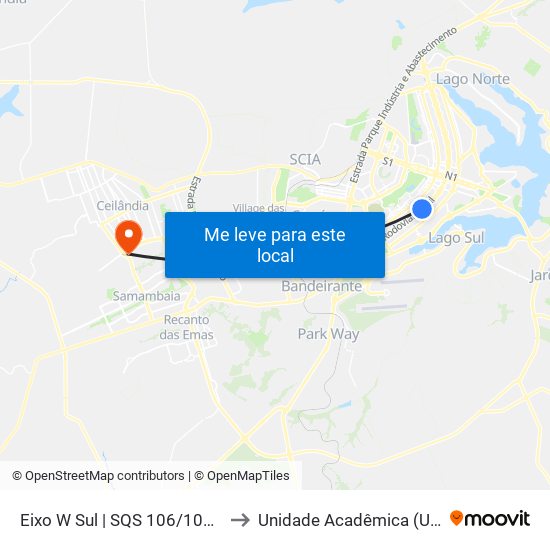 Eixo W Sul | SQS 106/107 (Cine Brasília) to Unidade Acadêmica (Uac) - Fce / Unb map