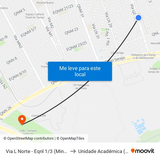 Via L Norte - Eqnl 1/3 (Mineirinho Chopperia) to Unidade Acadêmica (Uac) - Fce / Unb map