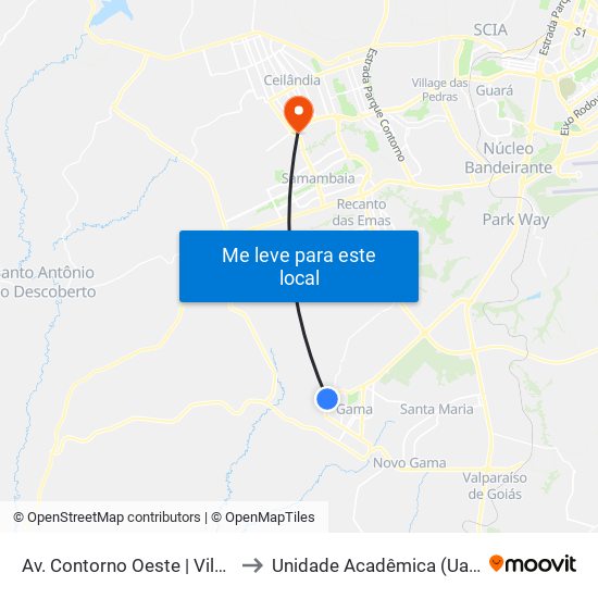 Av. Contorno Oeste | Vila Roriz, Qd. A to Unidade Acadêmica (Uac) - Fce / Unb map
