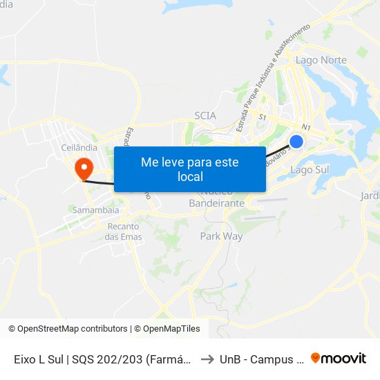 Eixo L Sul | SQS 202/203 (Farmácia de Alto Custo) to UnB - Campus Ceilândia map