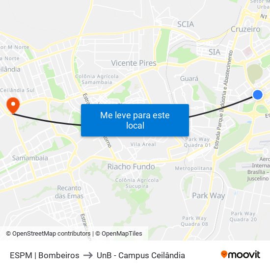 Setor Policial Sul | Corpo De Bombeiros to UnB - Campus Ceilândia map