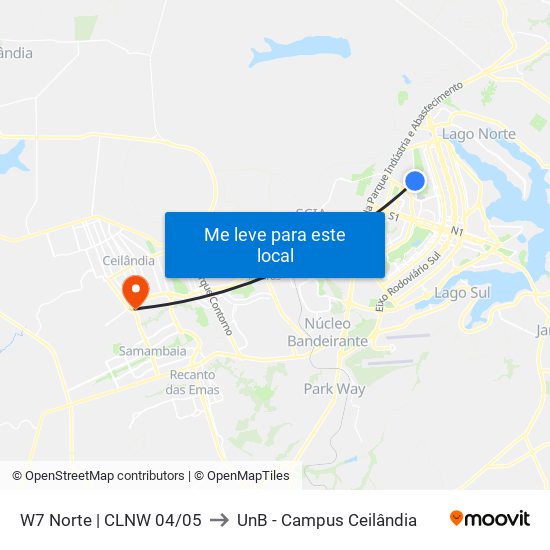 W7 Norte (Acesso Sqnw 105) to UnB - Campus Ceilândia map