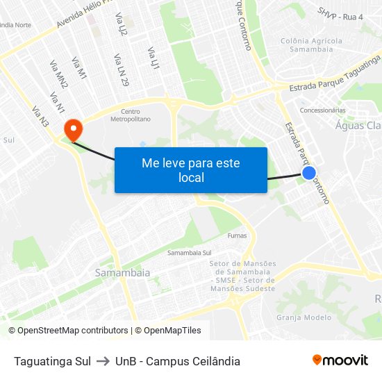Taguatinga Sul to UnB - Campus Ceilândia map