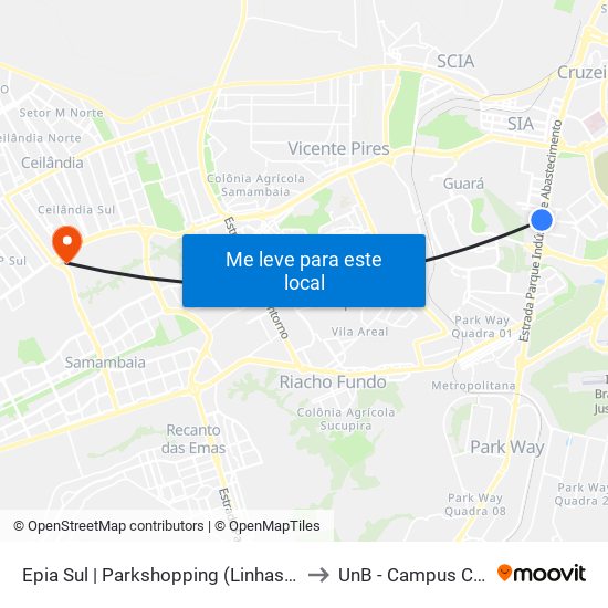 Epia Sul | Parkshopping (Linhas Do Entorno) to UnB - Campus Ceilândia map