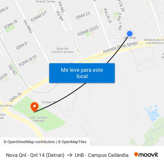 Nova Qnl - Qnl 14 (Detran) to UnB - Campus Ceilândia map