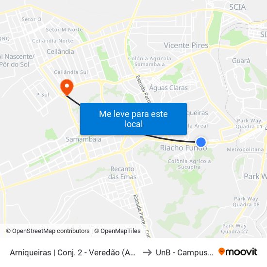 Arniqueiras | Conj. 2 - Veredão (Ade / Lobão Motors) to UnB - Campus Ceilândia map