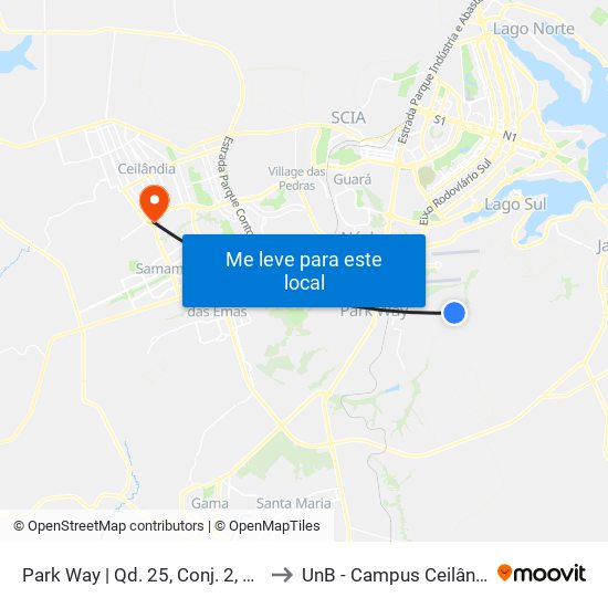 Park Way | Qd. 25, Conj. 2, Lt. 1 to UnB - Campus Ceilândia map
