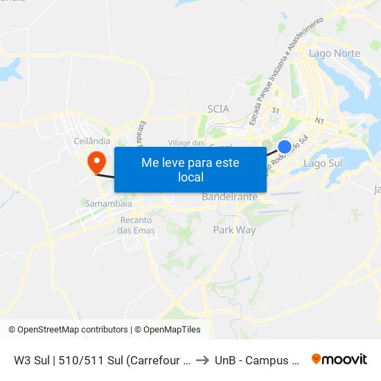 W3 Sul | 510/511 Sul (Carrefour Bairro / UPIS) to UnB - Campus Ceilândia map