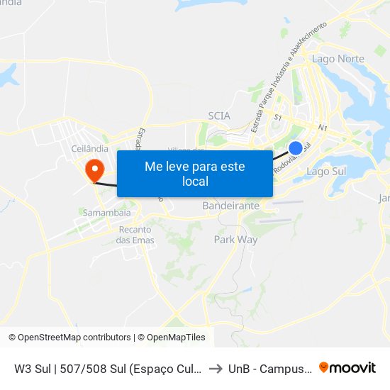 W3 Sul | 507/508 Sul (Espaço Cultural Renato Russo) to UnB - Campus Ceilândia map