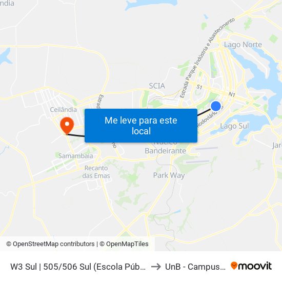 W3 Sul | 505/506 Sul (Escola Pública do DETRAN-DF) to UnB - Campus Ceilândia map