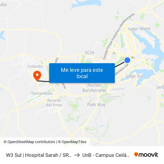 W3 Sul | Hospital Sarah / SRTVS to UnB - Campus Ceilândia map