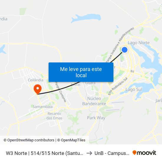 W3 Norte | 514/515 Norte (Santuario São Francisco) to UnB - Campus Ceilândia map