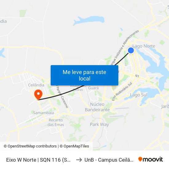 Eixo W Norte | SQN 116 (SHLN) to UnB - Campus Ceilândia map