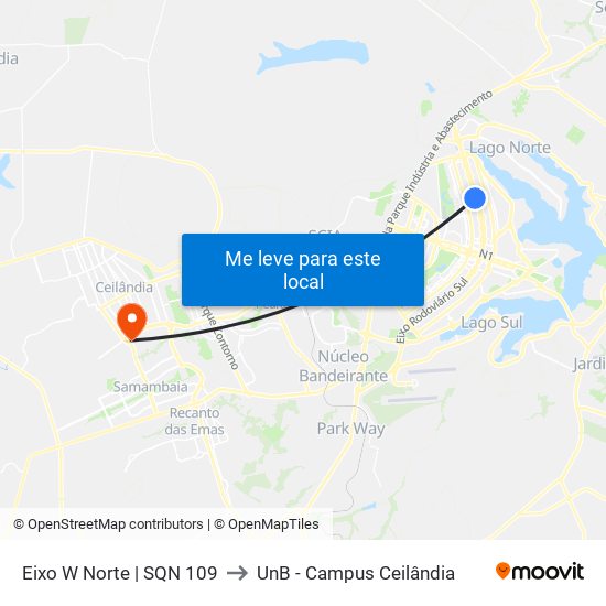 Eixo W Norte | SQN 109 to UnB - Campus Ceilândia map