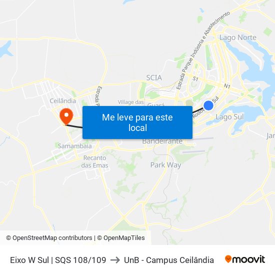 Eixo W Sul | SQS 108/109 to UnB - Campus Ceilândia map