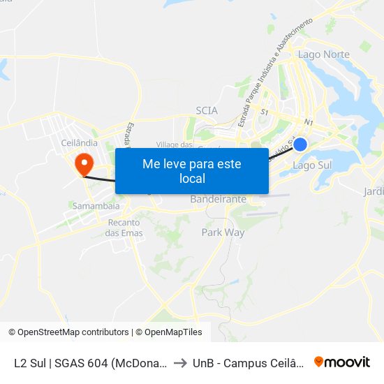 L2 Sul | SGAS 604 (McDonald's) to UnB - Campus Ceilândia map