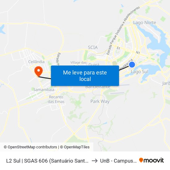 L2 Sul | Sgas 606 (Santuário Do Santissimo Sacramento) to UnB - Campus Ceilândia map