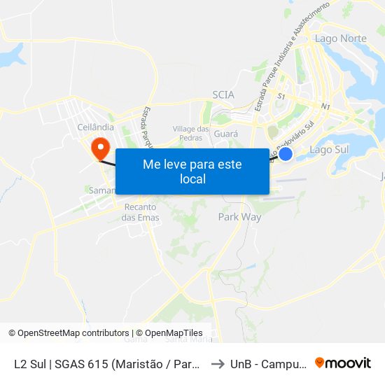 L2 Sul | SGAS 615 (Maristão / Paróquia Sagrado Coração) to UnB - Campus Ceilândia map