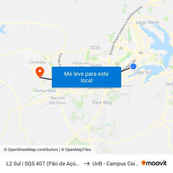 L2 Sul | SQS 407 (Pão de Açúcar / IDP) to UnB - Campus Ceilândia map