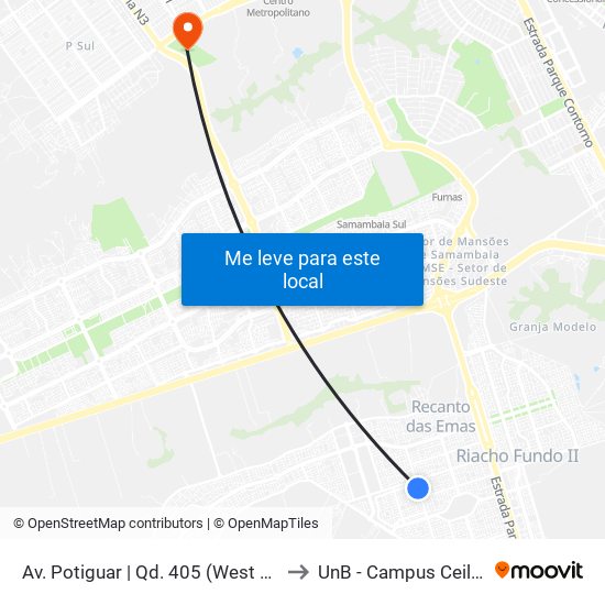 Av. Potiguar | Qd. 405 (West Carnes) to UnB - Campus Ceilândia map
