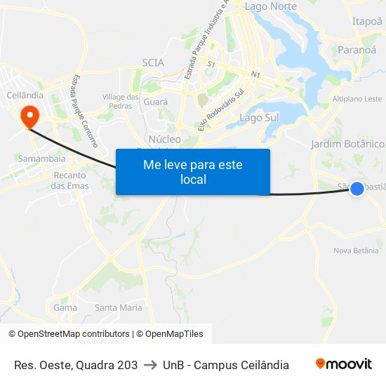 Res. Oeste, Quadra 203 to UnB - Campus Ceilândia map