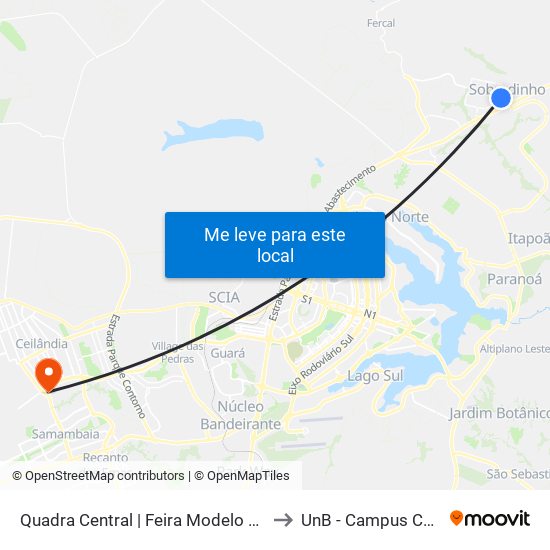 Quadra Central | Feira Modelo / A Mundial to UnB - Campus Ceilândia map