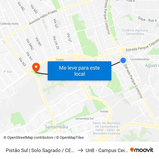 Pistão Sul | Solo Sagrado / Ceub to UnB - Campus Ceilândia map