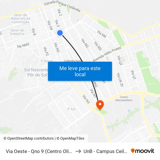 Via Oeste - Qno 9 (Centro Olímpico) to UnB - Campus Ceilândia map